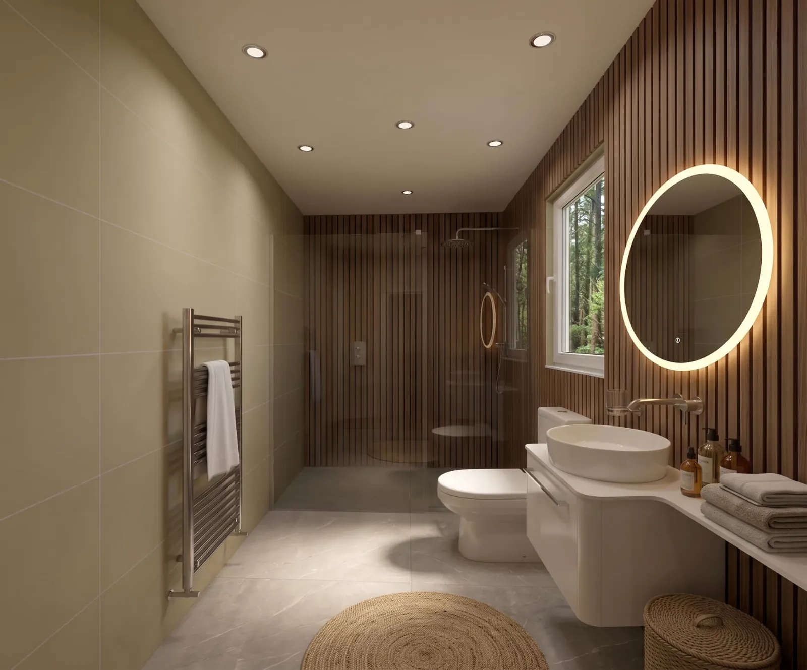 En-suite shower room with slatted timber panelling, illuminated round mirror and walk-in rainfall shower