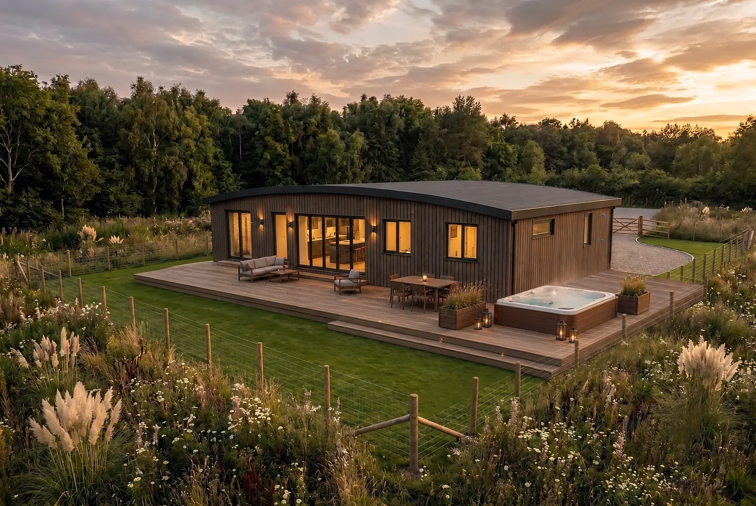 The Kilvington at dusk, set within a wildflower meadow at Kilvington Lakes