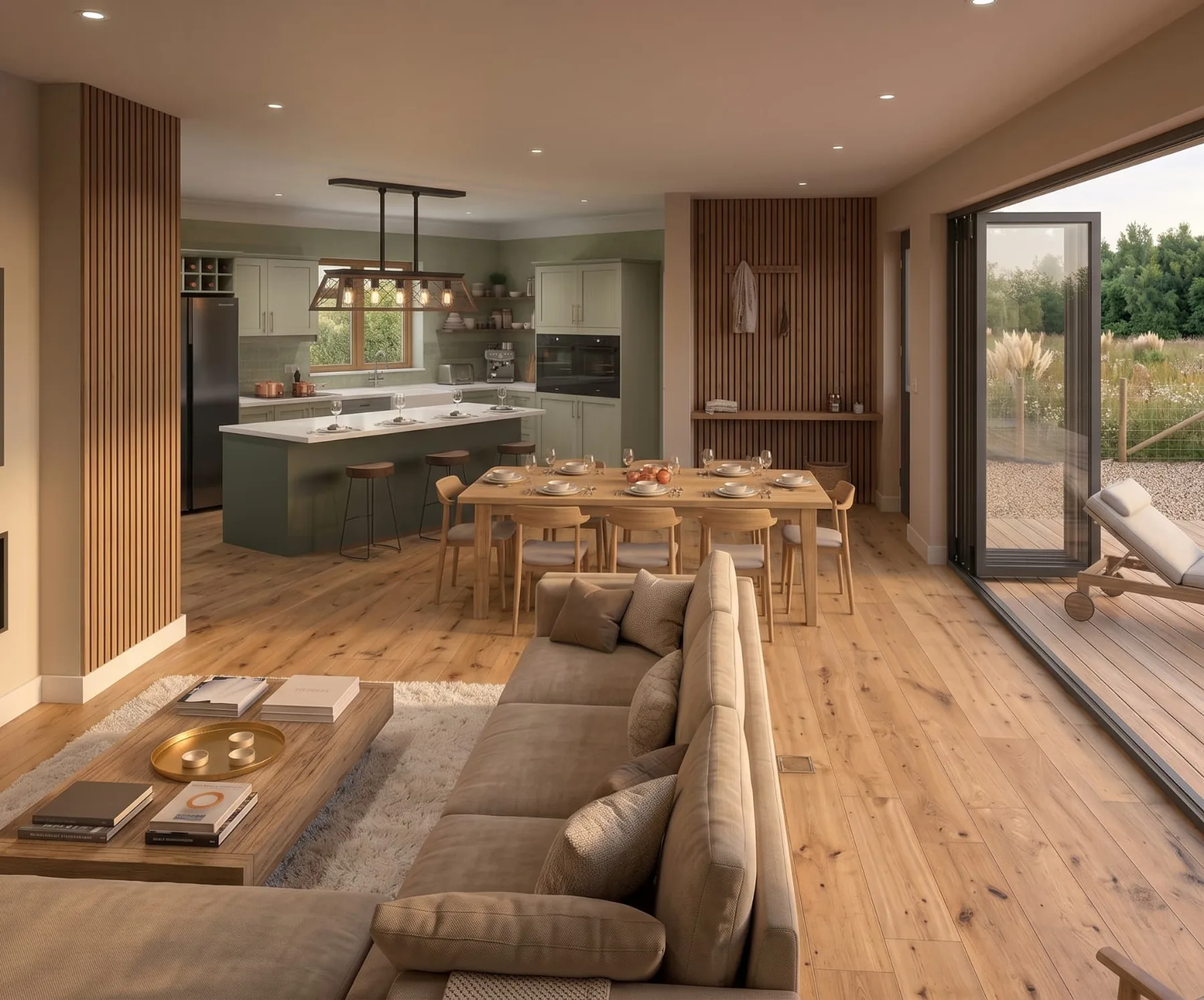 Open-plan living, dining and kitchen