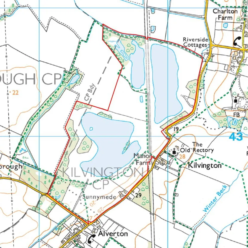 Ordnance Survey map showing the Kilvington Lakes estate boundary outlined in red, with the lakes, Kilvington and Alverton