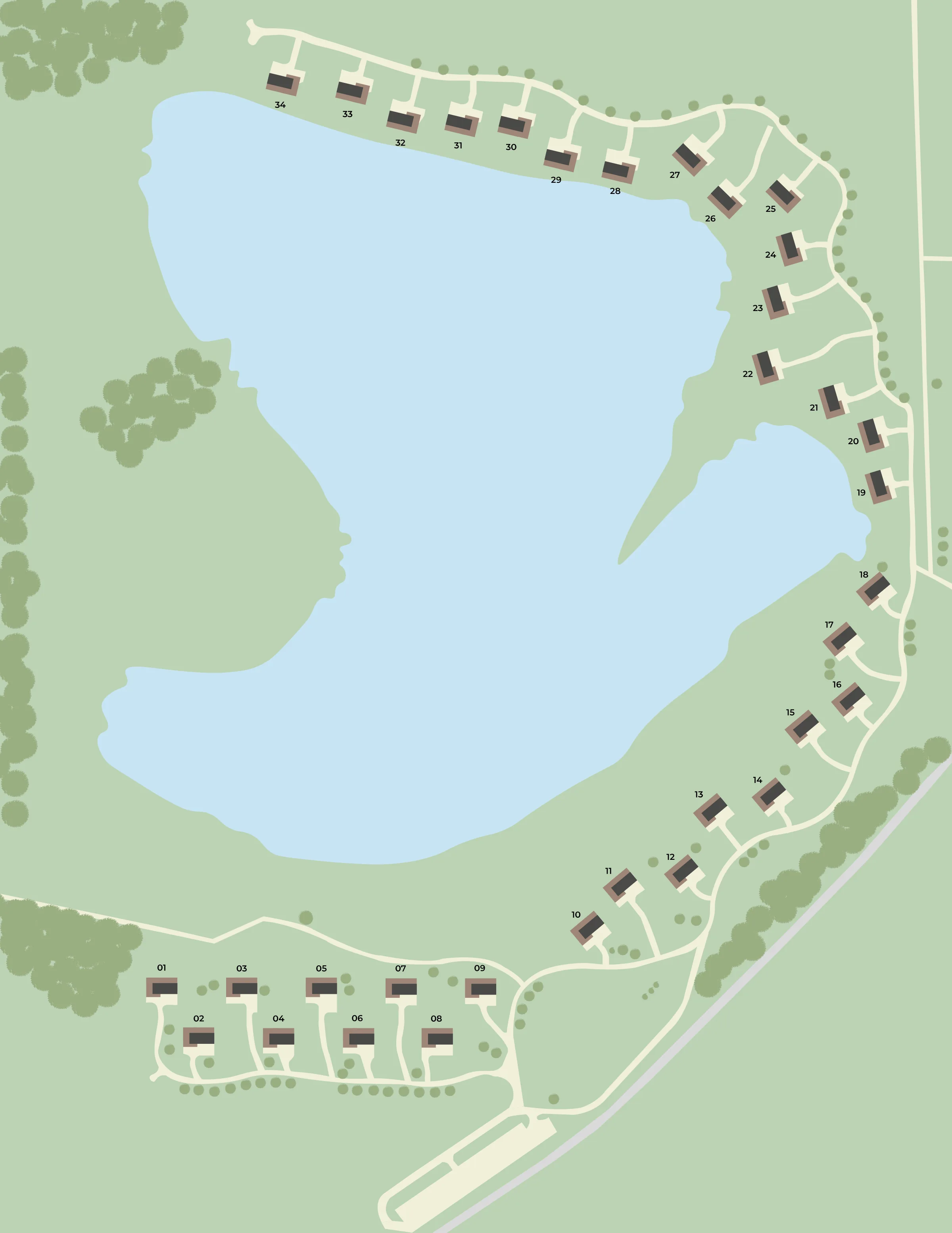 Kilvington Lakes estate site plan showing the thirty-four numbered lodge plots arranged around South Lake, with woodland, meadow and the estate approach