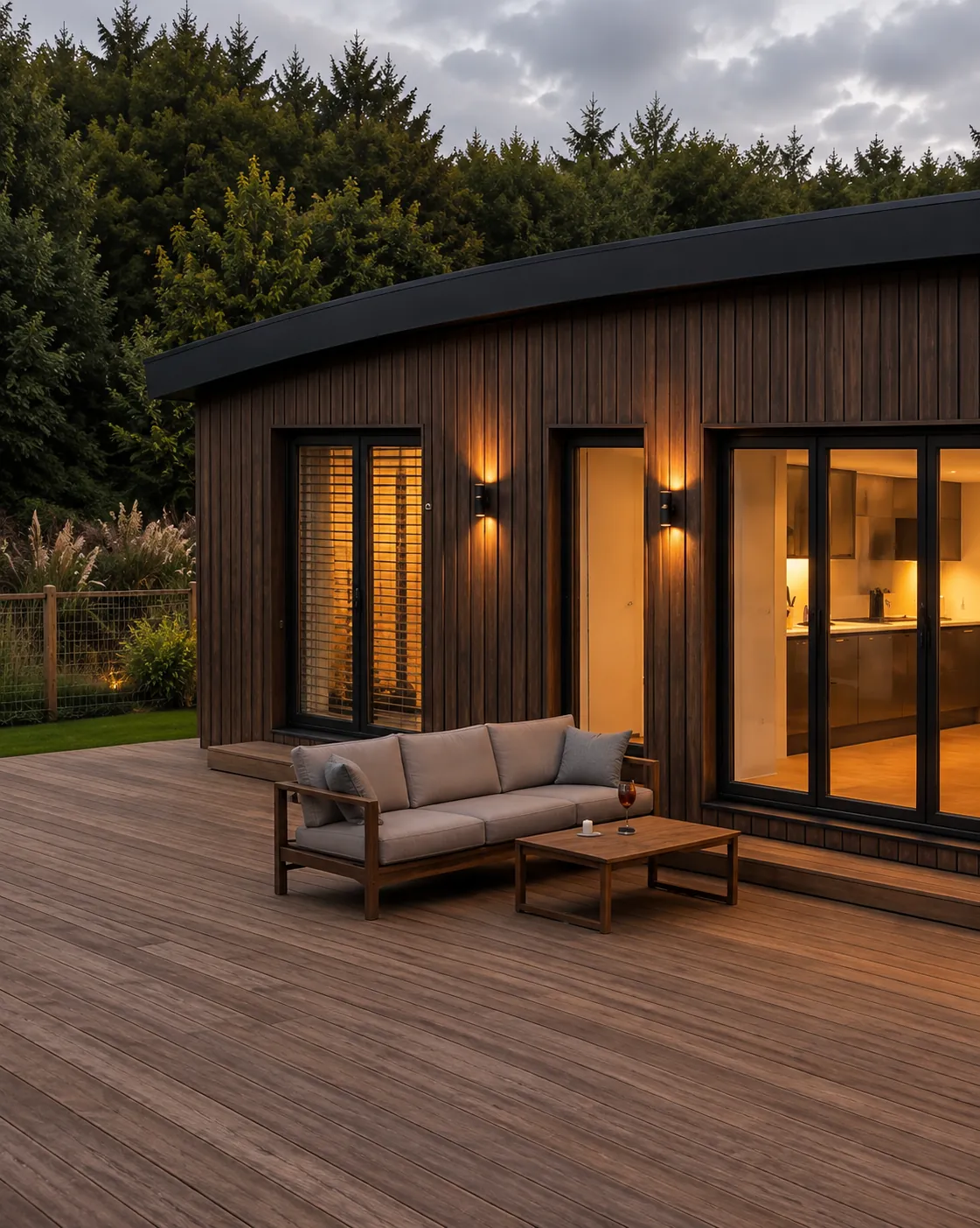 Deck lounge at dusk, bi-fold doors to the kitchen